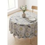 Rona Home Gri Papatya Desenli Yuvarlak Masa Örtüsü Leke Tutmaz Kaliteli Kumaş Dekoratif Mutfak Salon Örtüsü - 130 x 130 cm