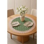 Rona Home Yuvarlak Çiçekli Yeşil Masa Örtüsü - Beyaz Güpür Dantel Detaylı Runner - Haki - Yeşil - 60 cm
