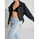 Ronada Wuwei Siyah Crop Oversize Deri Ceket - L