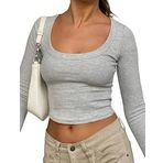 Rongseng Kadın Uzun Kollu Tişört Crop Tops Basic Örgü Crop Tişört Seksi Karın Açık Üst Parça Streç Slim Fit Uzun Kollu Kazak Gündelik Yuvarlak Yaka Tişört Seksi Zarif Y2K Sokak Giyimi, Gri, S