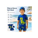 rony pony kids Erkek Çocuk Dinozor Desenli Mayo Takımı 3 Parça UV Korumalı Tişört Şort Bone Mavi
