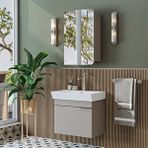 Roomart Likya Lavabolu Banyo Dolabı Takımı, Mdflam Tek Kapaklı Lavabolu 59 Cm Banyo Alt Dolabı + Üst Dolabı Kumtaşi Bej