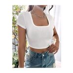 Rooted Kadın Beyaz Kare & Havuz Yaka Crop T-shirt ,likralı Fitilli Kaşkorse Kumaş