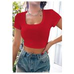 Rooted Kadın Kırmızı Kare & Havuz Yaka Crop T-shirt ,Likralı Fitilli Kaşkorse Kumaş