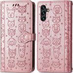 ROPIGO Samsung Galaxy A14 5G Cüzdan Kılıfı, Kabartmalı Kedi ve Köpek Premium PU Deri [Kickstand] [Kart Yuvaları] [Bilek Kayışı] [6,6 inç] Samsung A14 5G için Telefon Kılıfı (C1-Gül)