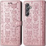 ROPIGO Samsung Galaxy A15 5G Cüzdan Kılıfı, Kabartmalı Kedi ve Köpek Premium PU Deri [Kickstand] [Kart Yuvaları] [Bilek Kayışı] [6,5 inç] Samsung A15 5G için Telefon Kılıfı (C1-Gül)