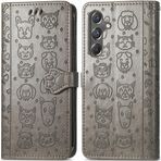 ROPIGO Samsung Galaxy A15 5G Cüzdan Kılıfı, Kabartmalı Kedi ve Köpek Premium PU Deri [Kickstand] [Kart Yuvaları] [Bilek Kayışı] [6,5 inç] Telefon Kılıfı Samsung A15 5G (C1-Gri) için