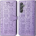 ROPIGO Samsung Galaxy A15 5G için Cüzdan Kılıf, Kabartmalı Kedi ve Köpek Premium PU Deri [Kickstand] [Kart Yuvaları] [Bilek Kayışı] [6,5 inç] Telefon Kılıfı Samsung A15 5G (C1-Mor)