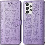 ROPIGO Samsung Galaxy A53 5G Cüzdan Kılıfı, Kabartmalı Kedi ve Köpek Premium PU Deri [Kickstand] [Kart Yuvaları] [Bilek Kayışı] [6,5 inç] Samsung A53 5G için Telefon Kılıfı (C1-Mor)