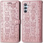 ROPIGO Samsung Galaxy A54 5G Cüzdan Kılıfı, Kabartmalı Kedi ve Köpek Premium PU Deri [Kickstand] [Kart Yuvaları] [Bilek Kayışı] [6,4 inç] Samsung A54 5G için Telefon Kılıfı (C1-Gül)