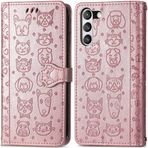 ROPIGO Samsung Galaxy S21 FE 5G Cüzdan Kılıfı, Kabartmalı Kedi ve Köpek Premium PU Deri [Kickstand] [Kart Yuvaları] [Bilek Kayışı] [6,4 inç] Samsung S21 FE için Telefon Kılıfı (C1-Gül)