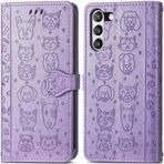 ROPIGO Samsung Galaxy S21 FE 5G Cüzdan Kılıfı, Kabartmalı Kedi ve Köpek Premium PU Deri [Kickstand] [Kart Yuvaları] [Bilek Kayışı] [6,4 inç] Samsung S21 FE için Telefon Kılıfı (C1-Mor)