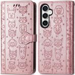 ROPIGO Samsung Galaxy S23 FE 5G Cüzdan Kılıfı, Kabartmalı Kedi ve Köpek Premium PU Deri [Kickstand] [Kart Yuvaları] [Bilek Kayışı] [6,4 inç] Samsung S23 FE için Telefon Kılıfı (C1-Gül)