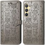 ROPIGO Samsung Galaxy S24 5G Cüzdan Kılıfı, Kabartmalı Kedi ve Köpek Premium PU Deri [Kickstand] [Kart Yuvaları] [Bilek Kayışı] [6,2 inç] Samsung S24 için Telefon Kılıfı (C1-Gri)