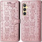ROPIGO Samsung Galaxy S24 5G Cüzdan Kılıfı, Kabartmalı Kedi ve Köpek Premium PU Deri [Kickstand] [Kart Yuvaları] [Bilek Kayışı] [6,2 inç] Samsung S24 için Telefon Kılıfı (C1-Gül)