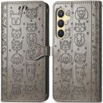 ROPIGO Samsung Galaxy S24+ Plus 5G Cüzdan Kılıfı, Kabartmalı Kedi ve Köpek Premium PU Deri [Kickstand] [Kart Yuvaları] [Bilek Kayışı] [6,7 inç] Samsung S24 Plus için Telefon Kılıfı (C1-Gri)