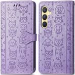 ROPIGO Samsung Galaxy S24+ Plus 5G Cüzdan Kılıfı, Kabartmalı Kedi ve Köpek Premium PU Deri [Kickstand] [Kart Yuvaları] [Bilek Kayışı] [6,7 inç] Samsung S24 Plus için Telefon Kılıfı (C1-Mor)