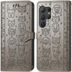 ROPIGO Samsung Galaxy S24 Ultra 5G Cüzdan Kılıfı, Kabartmalı Kedi ve Köpek Premium PU Deri [Kickstand] [Kart Yuvaları] [Bilek Kayışı] [6.8 inç] Samsung S24 Ultra için Telefon Kılıfı (C1-Gri)