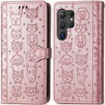 ROPIGO Samsung Galaxy S24 Ultra 5G Cüzdan Kılıfı, Kabartmalı Kedi ve Köpek Premium PU Deri [Kickstand] [Kart Yuvaları] [Bilek Kayışı] [6,8 inç] Samsung S24 Ultra için Telefon Kılıfı (C1-Gül)