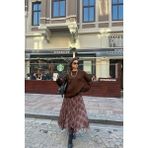 Rora Ekose Desenli Asimetrik Kesim Şifon Midi Etek - Kahverengi