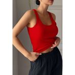ROSAMİNA Kadın Kırmızı Kaşkorse Kumaş Geniş Askılı Crop Bluz