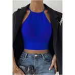 ROSAMİNA Kadın Saks Mavi Kaşkorse Arkadan Bağlamalı Kemerli Crop Top Bluz