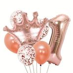 Rose Gold Taçlı 1 Rakam Balon Set