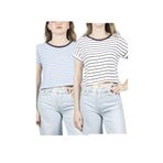 rose moda Kadın 2-adet Crop Tişört Bisiklet Yaka Beyaz Siyah Çizgili Pamuklu