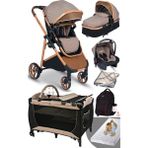Rose Mose Yeni Doğan Set 8 In 1 Rose Mose 605 Travel Sistem Bebek Arabası + Baby Home 560 Bebek Oyun Parkı Yatak Beşik - Kahverengi - Gold