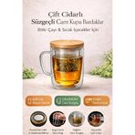 Rosemor 1 adet Süzgeçli Cam Kupa Bardak 400ml Çift katmanlı Isı Yalıtımlı Bambu Kapaklı Bitki Çayı Fincanı s