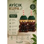 Rosemor 2li Ayıcık Tasarım Cam Pipetli Soğuk Içecek Kahve Bardağı Yeşil Şapkalı Bear Bardak 550ML Barista - Şeffaf
