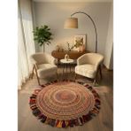 Rose'n Home JÜT-RV410 Elde Dokuma Doğal Jüt Hasır Halı - Kırmızı - Bej - 100 x 100 cm