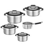 RÖSLE SILENCE PRO tencere seti, 5 parça, evrensel tencere seti, 3 tencere, 1 kızartma tenceresi ve 1 saplı tencere, paslanmaz çelik 18/10, cam kapak, iç ölçekleme, indüksiyon ve bulaşık makinesinde yıkanabilir