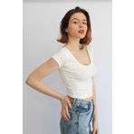 Rosse Butik Kadın Ekru U Yaka Crop Top T-shirt