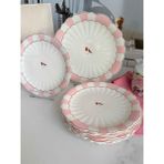 Rossev Pink Bird Servis Sunum Pasta Seti 7'li - Pasta Tabağı - Kırmızı - Beyaz