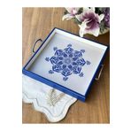Rossev Queen Blue Flor Ahşap Kare Tepsi