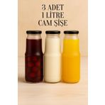 Rotanev 3 Adet 1 Litre Şeffaf Sürahi Süt, Ayran, Su, Limonata, Meşrubat Şişesi Metal Siyah Kapaklı Cam Şişe