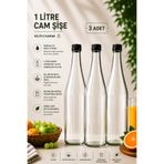Rotanev 3 Adet Şerbetlik Siyah Plastik Kapaklı Cam Şişe 1 Litre Şeffaf Sürahi Süt, Ayran, Su, Limonata Meşrubat Şişesi