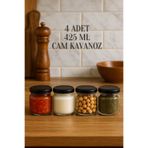 Rotanev 4 Adet 425 ml Siyah Metal Konserve Kapaklı Yoğurt, Sosluk, Baharatlık, Menemen 425 Cc Cam Kavanoz