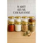 Rotanev 8 Adet 425 ml Gold Metal Konserve Kapaklı Yoğurt, Sosluk, Baharatlık, Menemen 425 Cc Cam Kavanoz