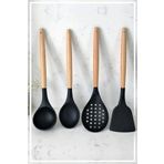 Rotanev Silikon Bambu Saplı 4 Parça Mutfak Servis Seti Siyah (KEPÇE-KAŞIK-KEVGİR-SPATULA)