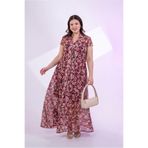 ROXXLEN Kadın Büyük Beden Alina Uzun Elbise, Pembe, Ceket Yaka, Kısa Kol, Kısa, Örme, Şifon, Çiçekli, Standart, Casual/Günlük, Rahat Kesim