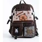 Roxy Capybara Kawaii Kore Tarzı Çok Bölmeli Çocuk Okul Çantası - Krem - Kahverengi - Ayıcıklı Kore Sırt Çantası - 44 x 30 x 20