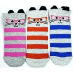 Royaleks 3 Çift Kedi Temalı 3 Boyut Kulaklı Pamuklu Esnek Kadın Bilek Çorap