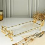 Royking 37×20 cm Gold Ayaklı Cam Sunumluk – Dekoratif Servis Tepsisi - 37*20 cm gold ayaklı servis sunum tabağı - Şeffaf - Gold
