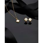 Roza Silver 925 Ayar Beyaz Sedef Taşlı Gold Van Cleef Yonca Kolye Küpe 2'li Gümüş Set-Takım