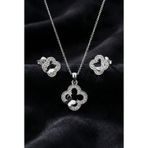 Roza Silver 925 Ayar Gümüş Rodyum Kaplama Zirkon Taşlı Kelebek Detaylı Yonca Kolye-Küpe 2'li Set