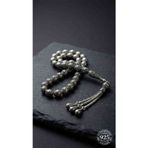 Roza Silver 925 Ayar Oval Kesim 3 Kamçılı Püskül Orta Boy Karo Desen Otantik Gümüş Tesbih