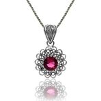Roza Silver Temmuz Yakut Doğum Taşı Çiçek Motifli Telkari Gümüş Kolye