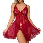 RPAEOY İç Çamaşırı Kadın Seksi İç Çamaşırı Seksi Set Dantel Negligee Gece Elbisesi Açık Önden Kapanmalı V Yaka Babydoll İç Çamaşırı Seti G-Stringli (Kırmızı, M)